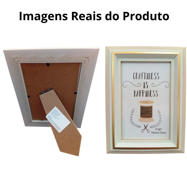 Porta Retrato Premium 10x15cm Madeira Clara Detalhe Dourado