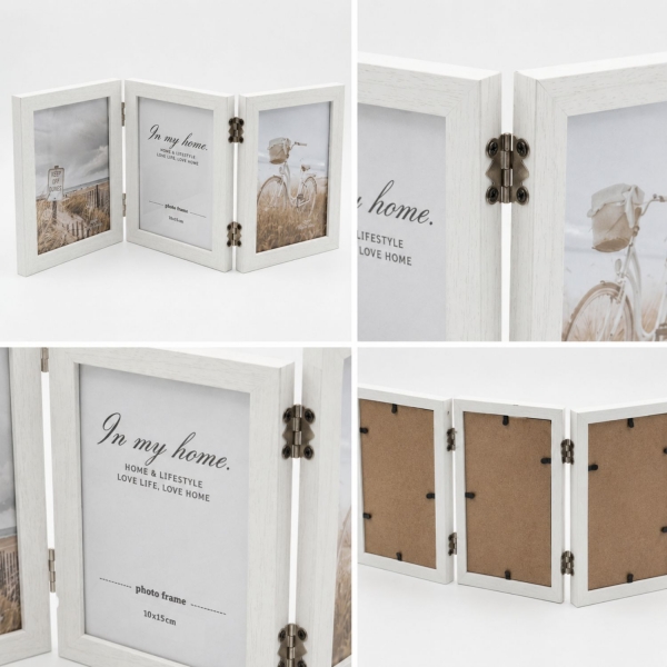 Porta Retrato Triplo Articulado Wood Trio 10x15 - Branco