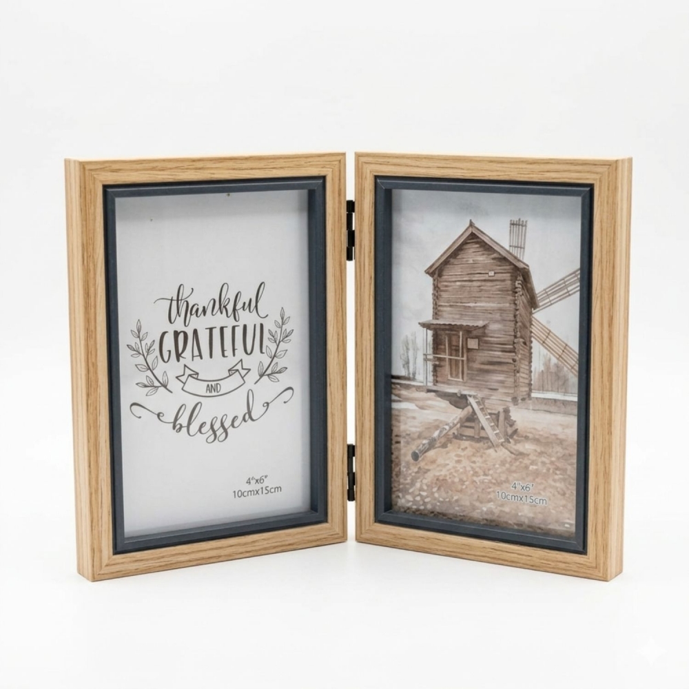 Porta-Retrato Duplo Articulado Pinus madeira natural MDF