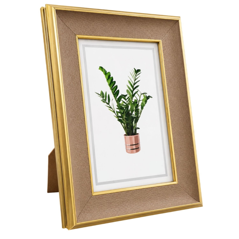 Porta Retrato 10x15 Luxo Dourado Textura Couro Bege