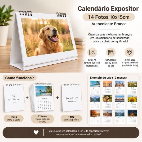 Calendário Expositor 14 Fotos 10x15cm Autocolante Branco